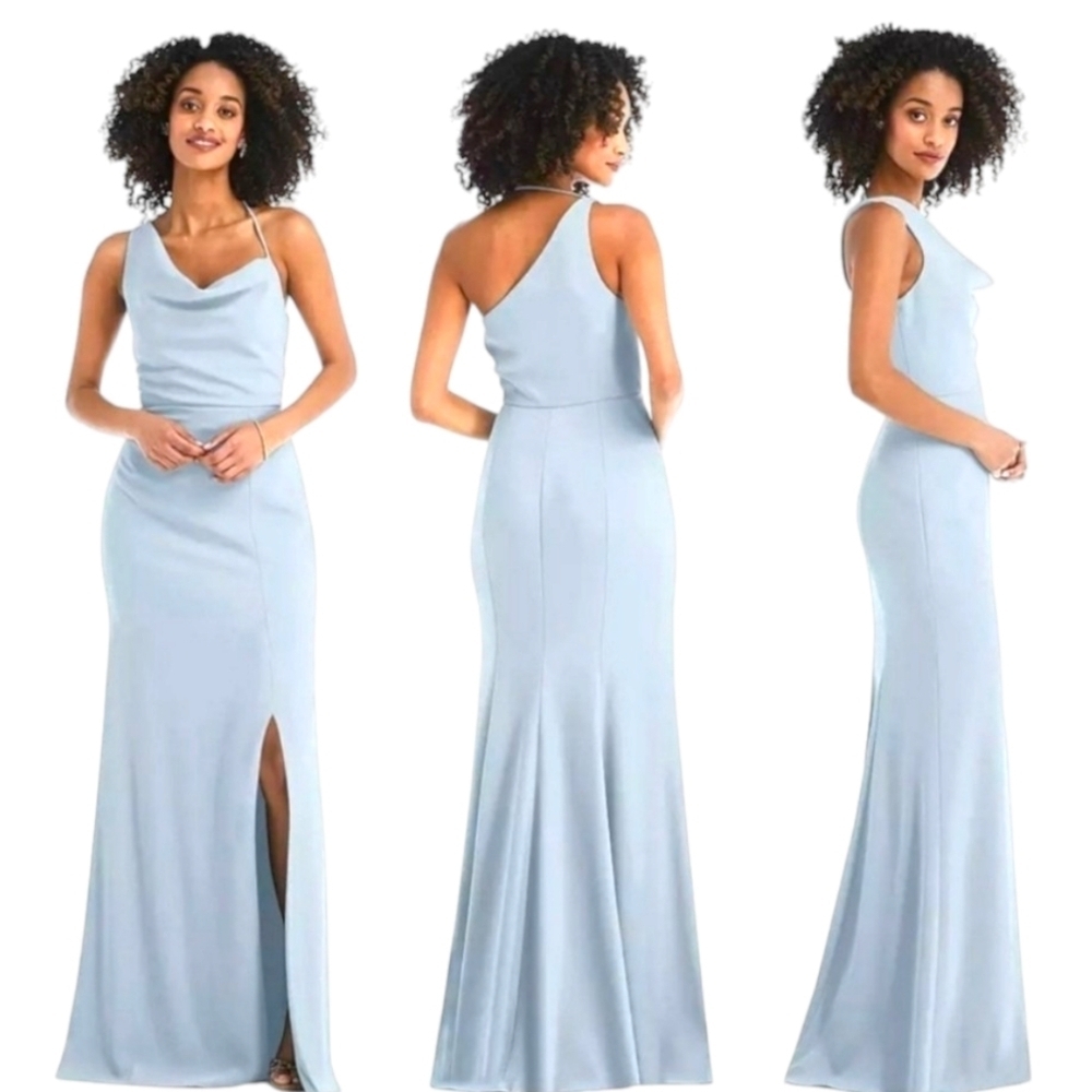 AFTER 6 Draped Cowl Neck Mist Pale Blue Trumpet Gown Wedding Side Slit Sz 12 NWT